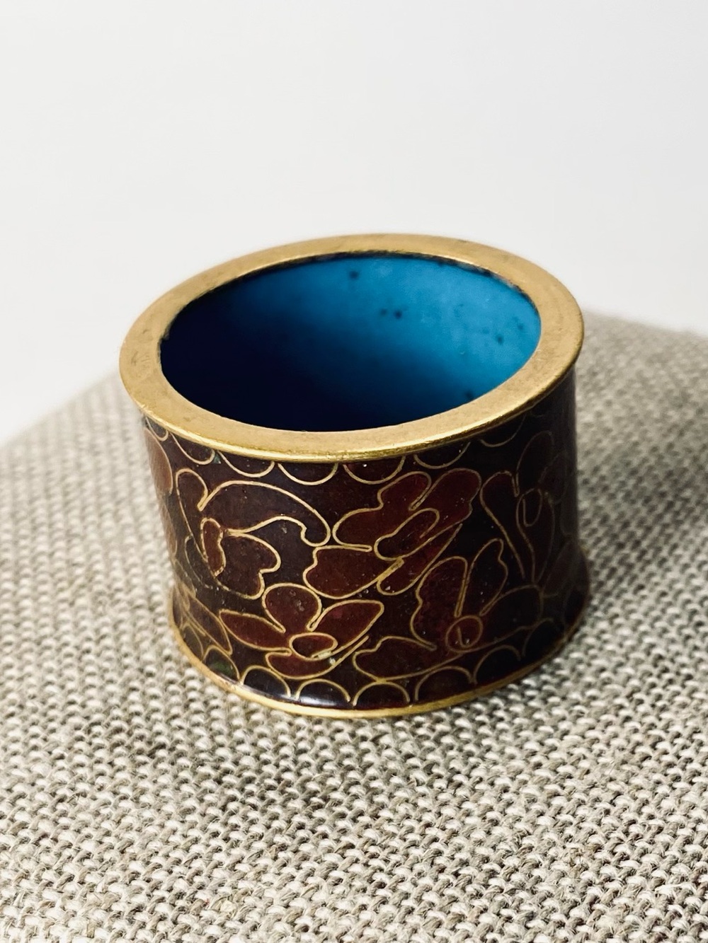 Single Cloisonné Napkin Ring Holder Bright Blue Interior and Brown Floral Enamel